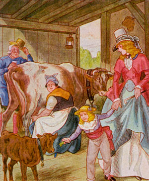 Besuch Im Kuhstall / Visit to the Cowshed (colour litho)