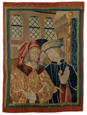 Tapestry fragment depicting three figures, 15th century (wool & silk) 