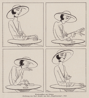 Woman taking cocaine (litho)