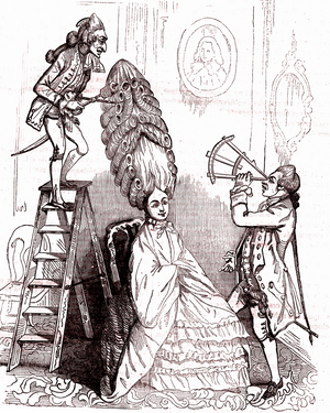 Hairdressing caricature in 18th century, 1837 (engraving)