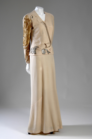 Evening ensemble, 1937 (front oblique view), Silk crepe, metallic and silk thread, glass beads, Elsa Schiaparelli and Jean Cocteau, France