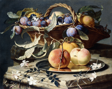 Peaches and Plums in a Wicker Basket, Peaches on a Silver Dish and Narcissi on Stone Plinths,  (oil on canvas)