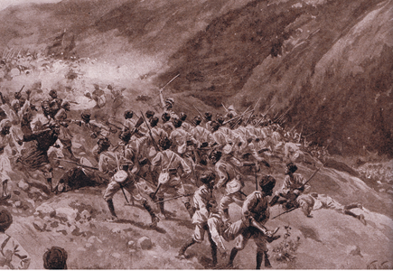 An incident in Mamund Valley: surprise attack near Shahi 16th September 1897, from Winston Churchill published by Illustrated London News pub.1954 (litho)