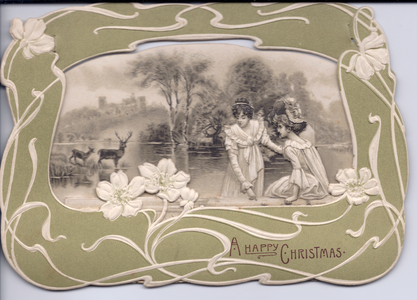 A die-cut Edwardian Christmas Card of two ladies near a lake with deer and a castle all in an art nouveau frame, circa 1910 (coloured lithograph)