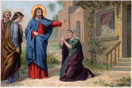 Religion. New Testament. Jesus Christ heals the possessed canaanite woman. Imagery, France, c.1890 (print)