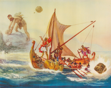 Ulysses deriding the Cyclops (colour litho)