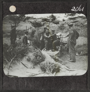 A 6-inch howitzer in a camouflaged position on the Doiran Front, 1916 (lantern slide)
