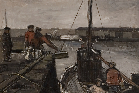 Fishermen and Boat, Arbroath, 1957 (oil on board)