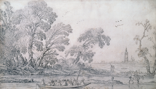 A Horsedrawn Ferry on a Canal, The Hague beyond (black chalk)