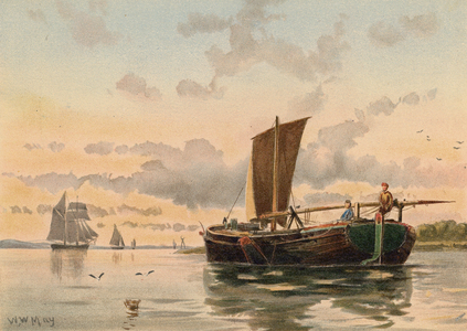 Barge Dropping Up the Medway (colour litho)