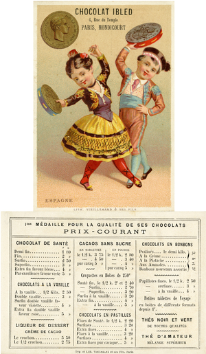 Spanish children dancing with tambourines made of pesetas, from a series of promotional cards on currencies in different countries, published in Paris by Vieillemard for use by 'Chocolat Ibled', 1886-95 (colour litho)