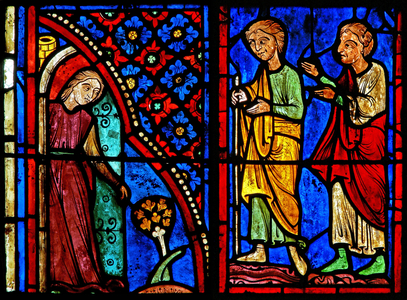 Window w21 depicting St Mary the Egyptian as a prostitute with her clients (stained glass)