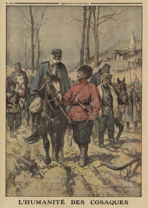 Russian Cossacks treating Austrian prisoners taken in Galicia during the Brusilov Offensive with compassion, World War I, 1916 (colour litho)