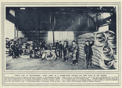 French boys as war-workers, young hands in a barbed-wire factory, the first stage in the process (b/w photo)