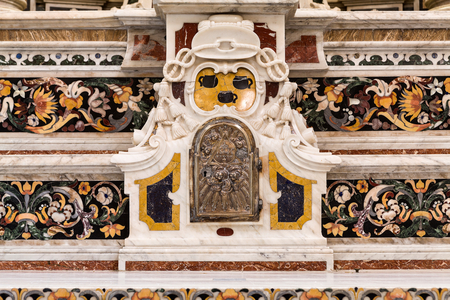 Cathedral of San Cataldo, Chapel of San Cataldo, altar of the Saint, detail of the ciborium with the coat of arms of Bishop Pignatelli, Taranto, Puglia (photo)