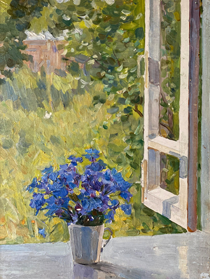 Cornflowers in the Window, 1962 (oil on card)