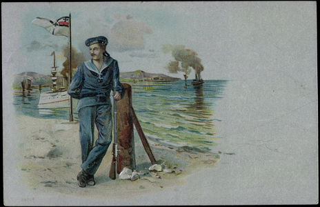 Embossing Litho German Sailor with Rifle, Warships