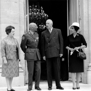 King Mohamed Zaher Shah of Afghanistan and his Wife Queen Homaira at Elysee Palace in Paris With General Charles De Gaulle, French President, and his Wife Yvonne De Gaulle June 1St, 1965 (b/w photo)