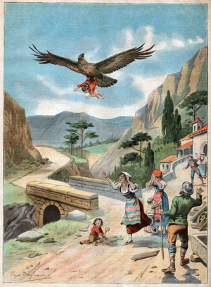 Aigle enleve un enfant. Child rapt by an eagle.