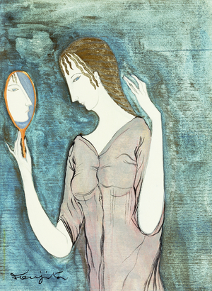 Young Woman and Mirror; Jeune Femme au Mioir,  (watercolour and gold paint over pencil on paper)