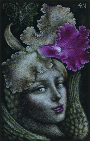 Portrait of a woman, with butterfly/moth, flowers and wings, 1948 (coloured crayons and gouache paint on black paper)