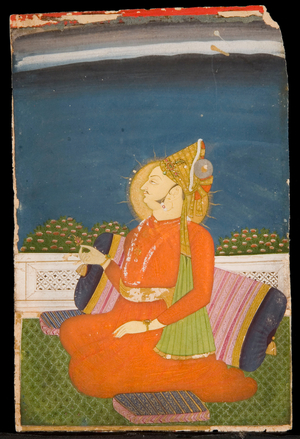 A Bejeweled Dignitary, Wearing a Plumed Turban, Holding a Lotus Bud, Sitting on a Terrace (gouache and gold on paper)