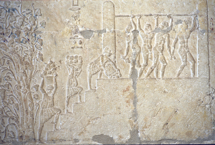 Ancient Egypt, Wall carving/painting, Tomb of Petosiris, Tuna el Gebel, 300 BC, Wine harvest, Wine making, Wine press (photo)