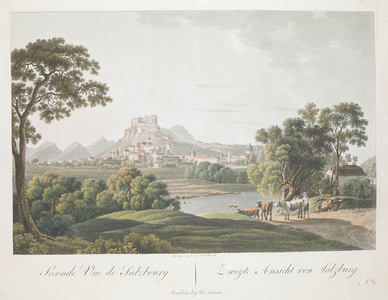 A herdsman guides his cows towards the River Glasbach in the foreground, with the River Salzach, Salzburg and Hohensalzburg Castle on Festungsberg in the background