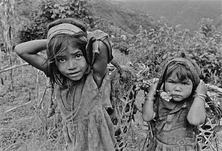 Masino 7 years and Malo 5 years old, carry baskets full of produce that hung tied with a band on their head. They are Tamang, a low cast in Nepal. They are from second husband of their mother. Talaku village, near famous tourist resort of Chisapani, in north-east of Kathmandu, in Nepal.  (photo)