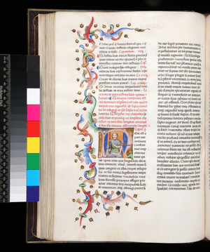 Ms 120. Lactantius, Divinae Institutiones, f.84v. Inhabited initial [N] showing Constantine enthroned, North-east Italy, Bologna or Padua, c.1408-10 (parchment)