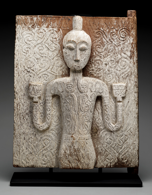 Door of a tomb (tutu'liang) with human figure, 18th or 19th century (wood and dead lichen)