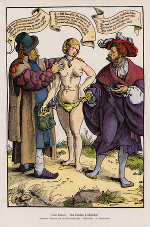 The two lovers, a satirical allegory on marriages of convenience (colour litho)