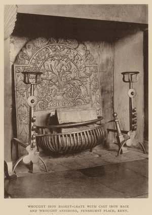 Wrought Iron Basket-Grate with Cast Iron Back and Wrought Andirons, Penshurst Place, Kent (b/w photo)