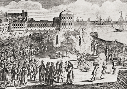 An Auto de Fe at Lisbon, Portugal, from an engraving by Picart from the book The Spanish Inquisition by Cecil Roth pub. 1937 (print)