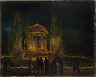 Jean-Jacques Rousseau's temporary mausoleum on the Bassin des Tuileries, before his ashes were transferred to the Panthéon. Night of October 10-11, 1794, circa 1794 (oil on canvas)