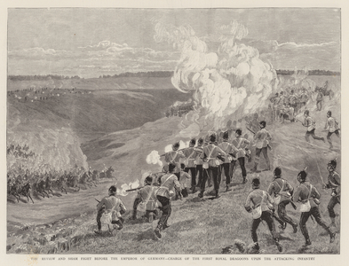 The Review and Sham Fight before the Emperor of Germany, Charge of the First Royal Dragoons upon the Attacking Infantry (engraving)