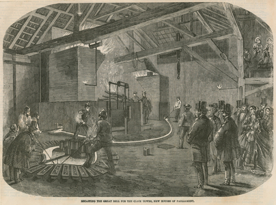 Recasting the great bell for the Clock Tower, New Houses of Parliament (engraving)