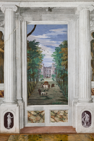 Perspective with countryside view and carriages, Northern Wall, Bacchus Room, 1560-1561 (fresco)