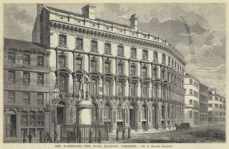 New Warehouses, Peel Place, Bradford, Yorkshire (engraving)