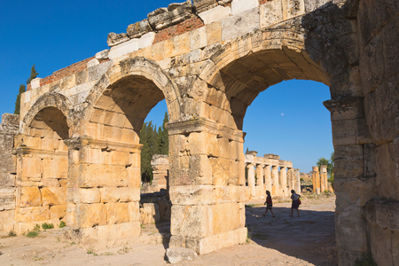Hierapolis, Denizli Province, Turkey.  Ruins of the ancient city.  The northern Roman Gate, also known as the Domitian Gate, or Domitian Arch, or the Frontinus Gate.  Hierapolis is a UNESCO World Heritage Site.