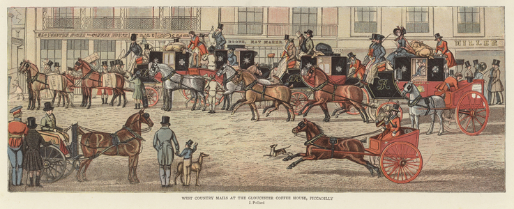 West Country Mails at the Gloucester Coffee House, Piccadilly (colour litho)