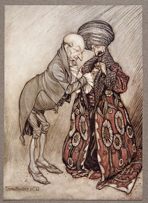 Schook his bald head and murmured, "Cold, quite cold", from Peter Pan in Kensington Gardens by J M Barrie (1860 - 1937), pub. 1906 (colour litho)