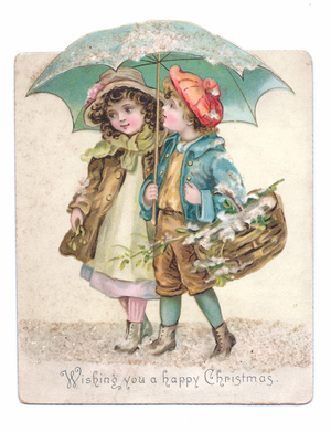 A Victorian Christmas card of a boy and a girl under an umbrella, c.1880 (colour litho)