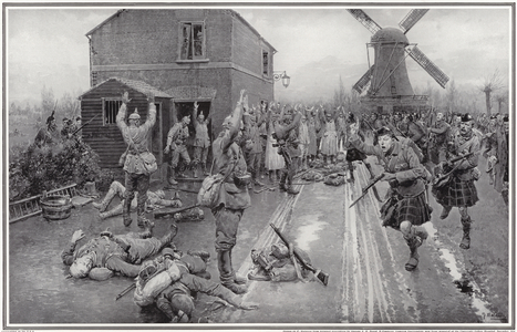 The fighting north of Ypres: the Cameron Highlanders capture a body of Germans. 'Hands up!' - the capture of a German force near Langemarck by the Cameron Highlanders. Published in The Sphere, 12 December 1914. (litho)
