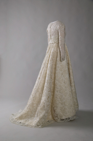Wedding dress and train, 1969 (back view), Alençon lace with metal thread, silk taffeta, Shannon Rodgers for Jerry Silverman, New York