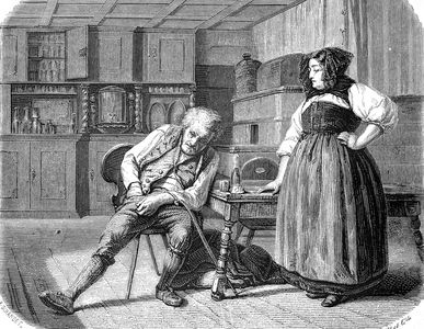 Old man in an inn in France, looking in his pocket for money to pay his bill