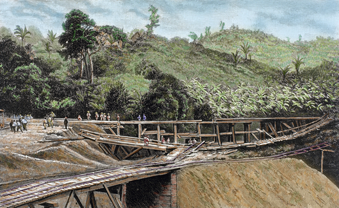 Construction of the Panama Canal. Works in bridge called 'Alto-Obispo'. 