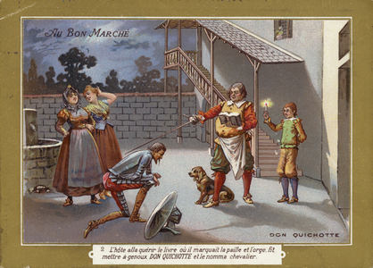 Don Quixote being knighted (chromolitho)