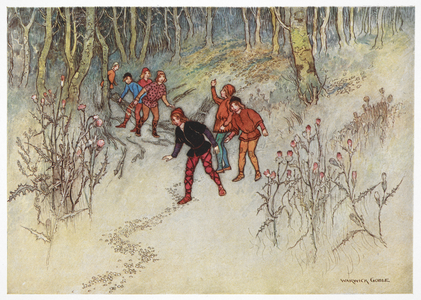 "Hop-o'-my-thumb ... knew well enough how to lead them safe home, as he had taken care to drop the white pebbles he had in his pocket along all the way he had come."
Hop-o'-my-thumb .