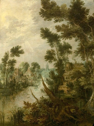 River Scene, 1614 (oil on wood)